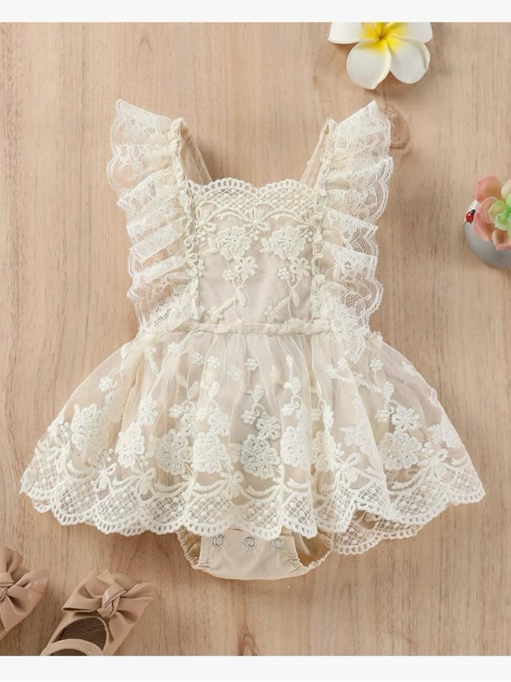 Beige Lace Bow Baby Romper - Kids Accessories